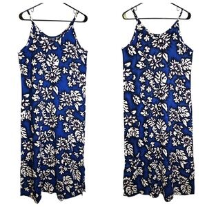 Koko Knot Rayon Blue White Floral Tropical Hawaiian Maxi‎ Dress USA Medium